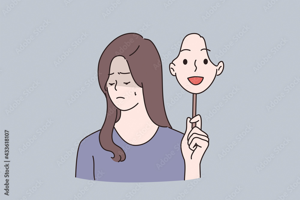 Mood changes, Schizophrenia and mental problems concept. Portrait of young sad woman suffering from multiple personality disorders holding happy mask in hand over grey background vector illustration Mood changes, Schizophrenia and mental problems concept. Portrait of young sad woman suffering from multiple personality disorders holding happy mask in hand over grey background vector illustration