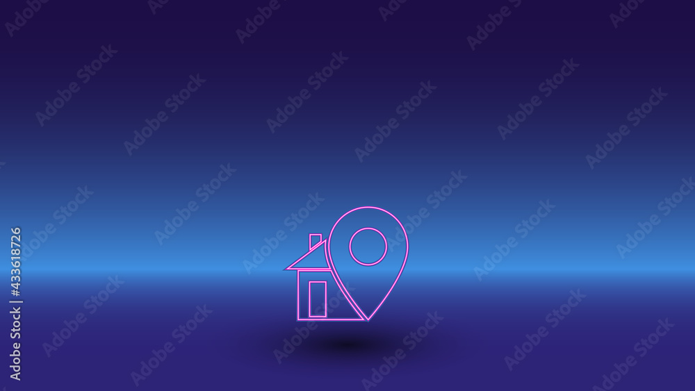 Neon real estate location symbol on a gradient blue background. The