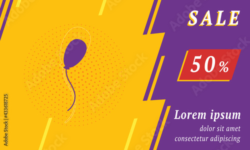 Sale promotion banner with place for your text. On the left is the balloon symbol. Promotional text with discount percentage on the right side. Vector illustration on yellow background