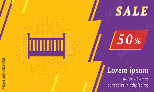 Sale promotion banner with place for your text. On the left is the baby cot symbol. Promotional text with discount percentage on the right side. Vector illustration on yellow background