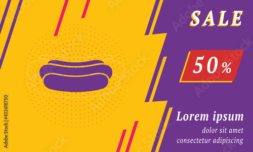 Sale promotion banner with place for your text. On the left is the hotdog symbol. Promotional text with discount percentage on the right side. Vector illustration on yellow background