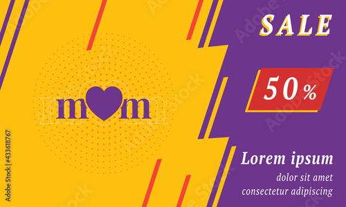 Sale promotion banner with place for your text. On the left is the mother's day symbol. Promotional text with discount percentage on the right side. Vector illustration on yellow background