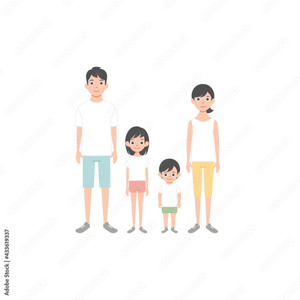 Family portrait. Parents and children. Portrait of family members standing together. Vector illustration in cartoon style isolated on white.