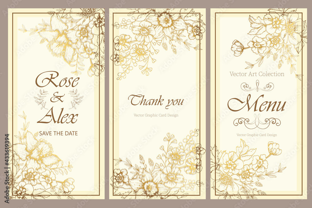 Wedding set of invitations, cards, menus with contour design from flowers. Vector illustration.
Wedding set of invitations, cards, menus with contour design from flowers. Vector illustration.