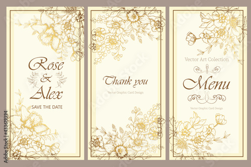 Wedding set of invitations, cards, menus with contour design from flowers. Vector illustration.
