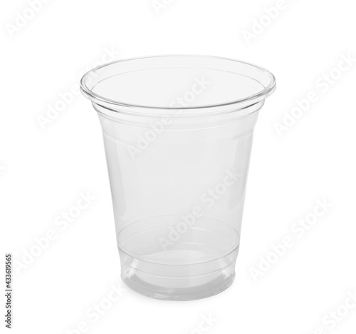 Transparent disposable plastic cup isolated on white