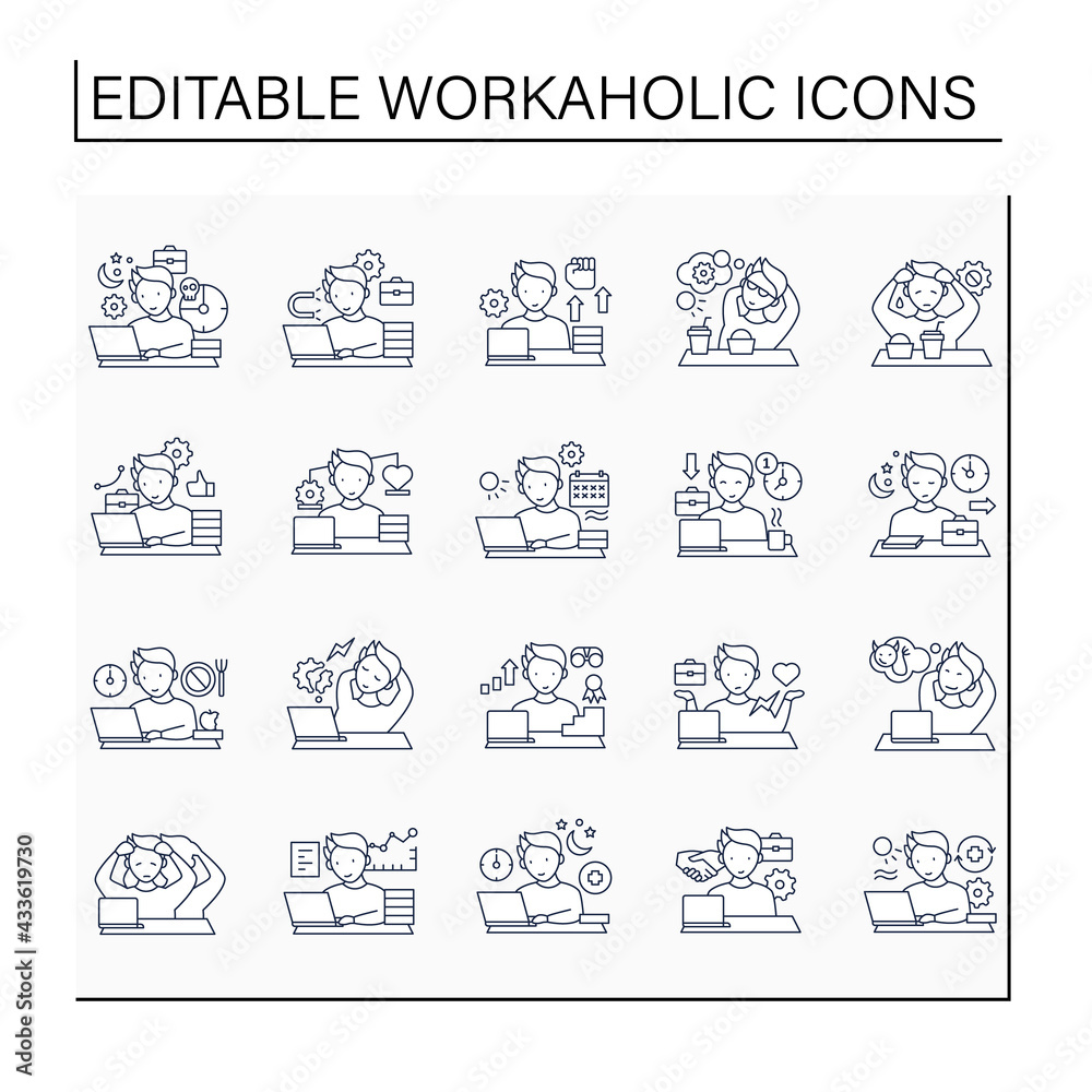 Workaholic line icons set. Workaholism prevention, consequences.Conduct rules. Overworking concept.Isolated vector illustrations.Editable stroke