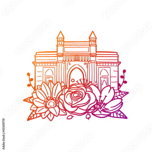 Gateway India Mumbai Rose Flower with Vintage Architecture Design. Building Floral frame ornament vector style. Decoration Design Wreath illustration.
