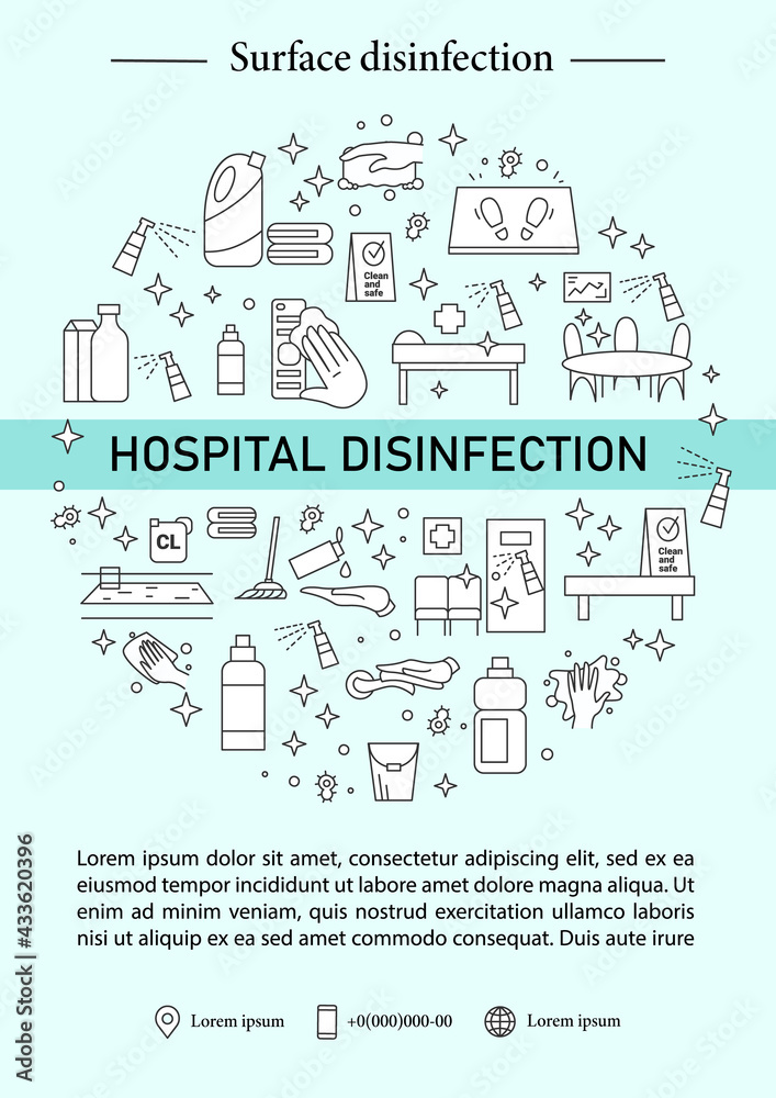 Hospital disinfection brochure.Clinical hygiene template.Flyer,magazine,poster,book cover,booklet.Pandemic preventive measure infographic concept.Layout illustration page with icon