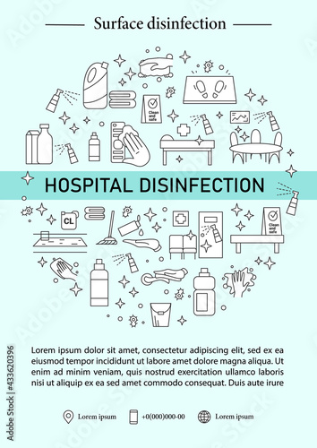 Hospital disinfection brochure.Clinical hygiene template.Flyer,magazine,poster,book cover,booklet.Pandemic preventive measure infographic concept.Layout illustration page with icon © Antstudio