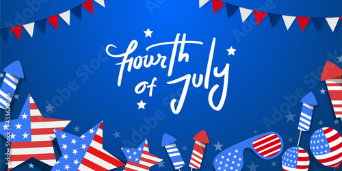 USA independence day, happy fourth of July trendy hand-lettering custom design with stars on blue color background with star, firework, garland, star, etc.
