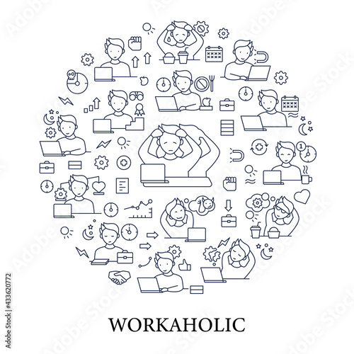 Workaholic circle poster. Workaholism prevention and consequences. Workaholism treatment  ethic and dilemma.Overworking concept.Isolated vector template