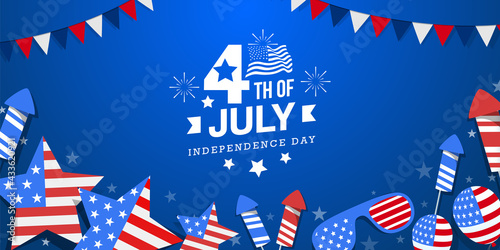 4th of July celebration usa independence day design with star, fireworks and usa national flag on blue color background with star, firework, garland, star, etc.
