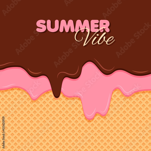 Chocolate and strawberry cream melted on waffle background. Sweet ice cream. Summer banner. Vector illustration.