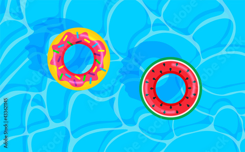 Swimming pool summer background with donut and watermelon print  lifebuoys. Pool party template banner. Float rings. Vector illustration in trendy flat style. Top view