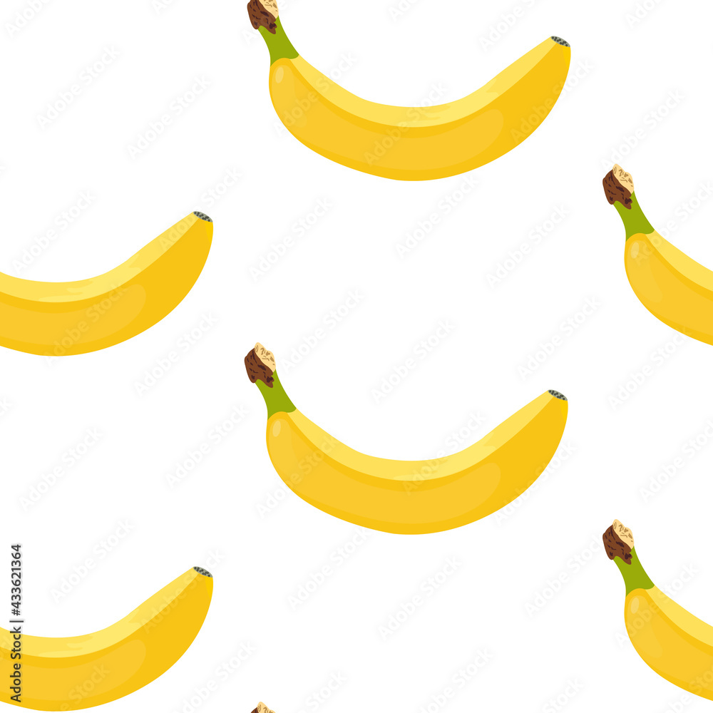 Bananas seamless vector pattern. Yellow ripe bananas on a white background. Pattern of yellow ripe bananas randomly distributed on a white background.
