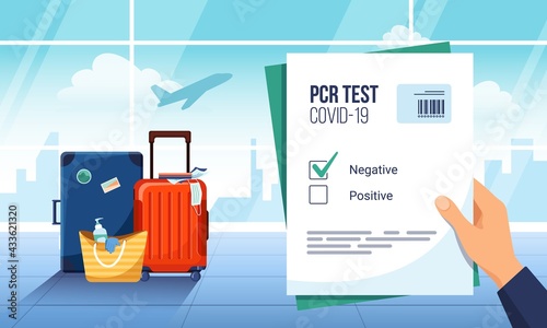 Tourist waiting for departure in an airport lounge with a negative result of a PCR Covid-19 test. Luggage and plane taking off on the background. Coronavirus protection, new normal of travelling