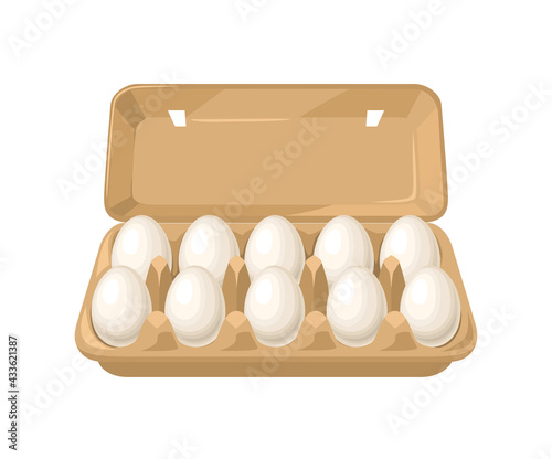 Packing with white chicken eggs. Vector illustration, icon. Farmer's product. Cartoon flat style.