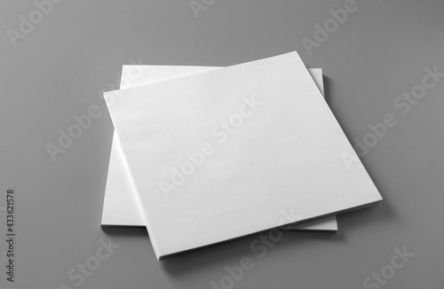 Stack of blank paper sheets for brochure on light grey background © New Africa