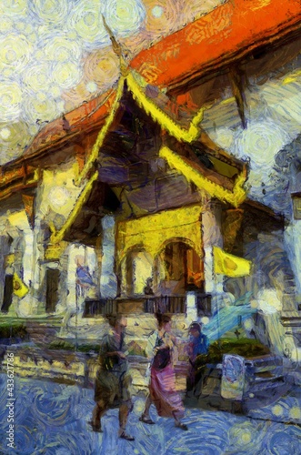 Ancient temples, art and architecture in the northern Thai style Illustrations creates an impressionist style of painting.