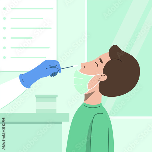 Young man in medical face mask taking coronavirus test with nasal swab probe in hospital laboratory. Patient receiving a Covid-19 test. Flat vector illustration of coronavirus diagnostics.