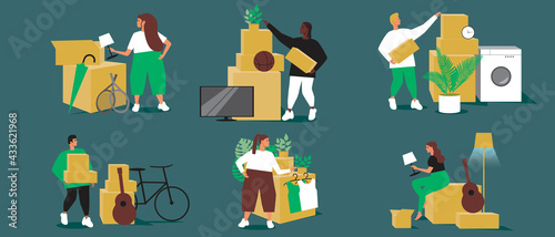 Garage sale isolated set, flat vector stock illustration with men and women, goods in boxes and flat market