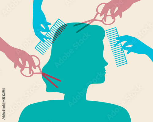 Haircut for women, silhouette vector stock illustration with client in hairdressing salon and hairdresser, master with scissors and comb