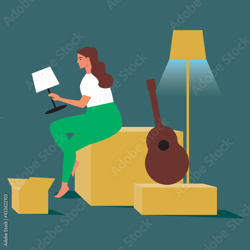 Woman with boxes in closet, storage of things, flat vector stock illustration with Things in boxes in closet or apartment moving