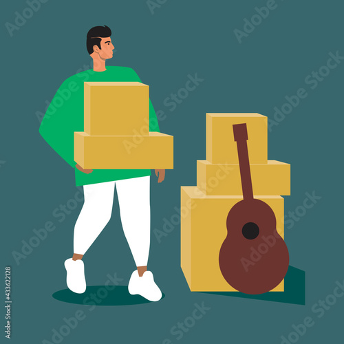Young man packing things for moving house, isolated flat vector stock illustration with man moving boxes for house moving