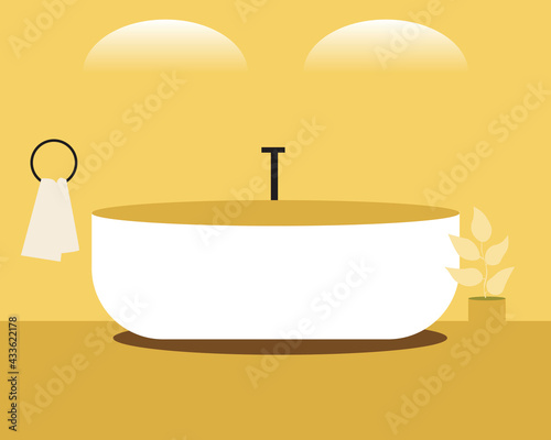Bathroom with bathtub and nobody, template or backdrop, Flat vector stock illustration with Bathroom with plumbing fixtures, Towel and modern light as background
