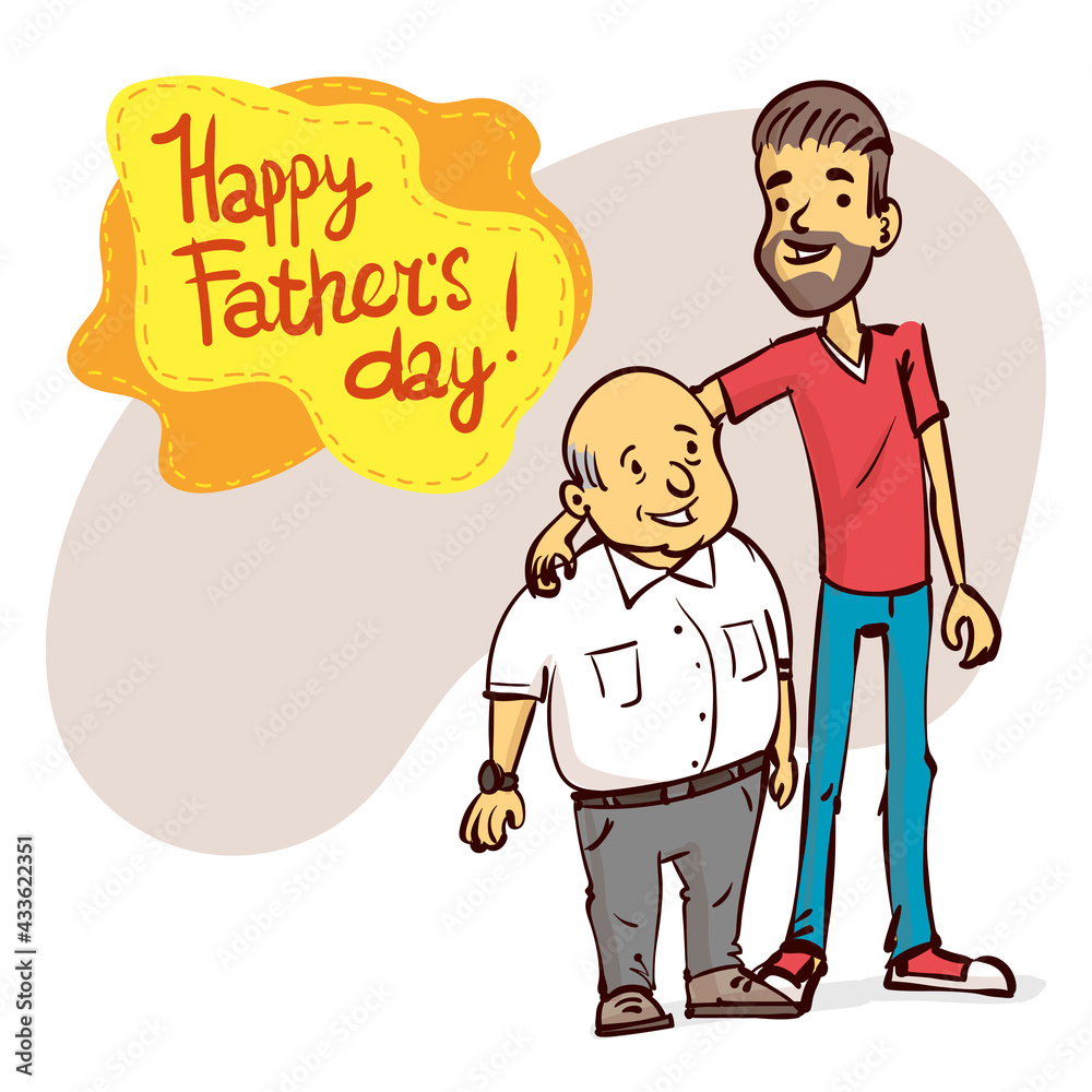 An adult son and an elderly father. Fathers day. Hand drawn cartoon vector illustration. An adult son and an elderly father. Fathers day. Hand drawn cartoon vector illustration.