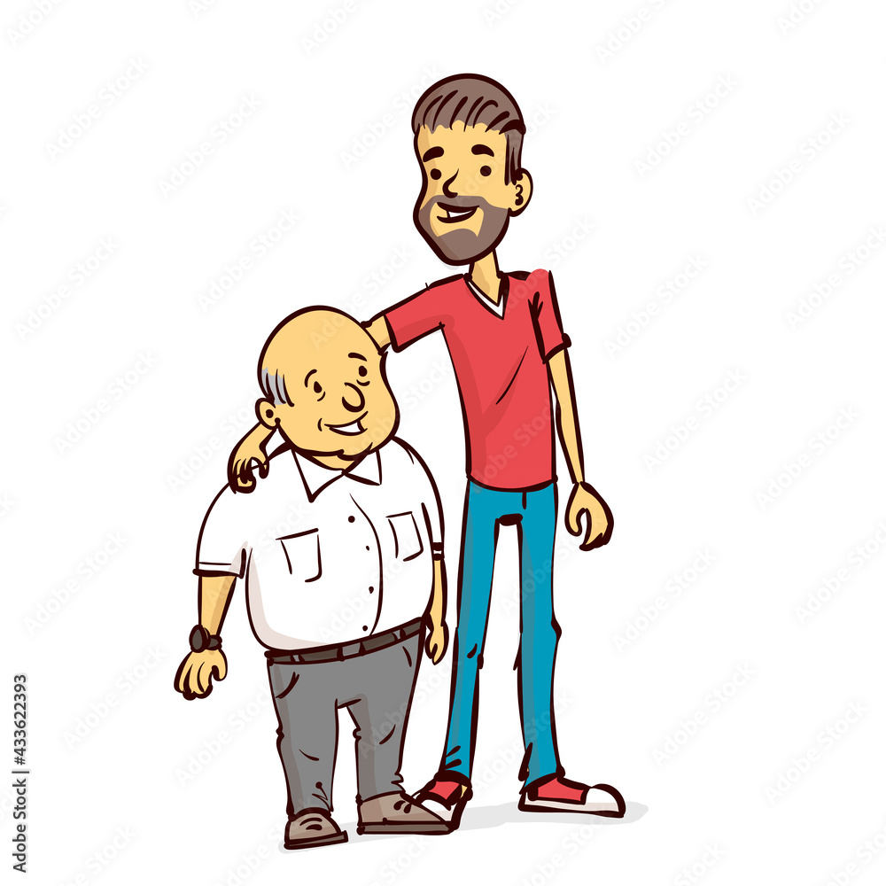 An adult son and an elderly father. Fathers day. Hand drawn cartoon vector illustration. An adult son and an elderly father. Fathers day. Hand drawn cartoon vector illustration.