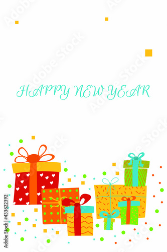 Happy New Year Greeting card with gift boxes. Vector Illustration