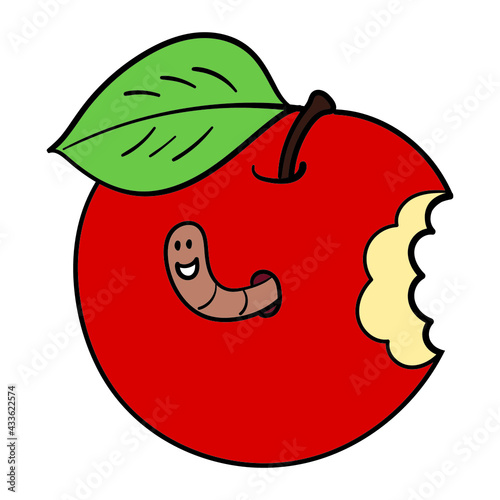 red bitten apple with a worm. vector, comic.