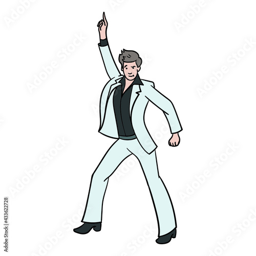 disco dancer with flared pants and arms in the air. comic, outline.