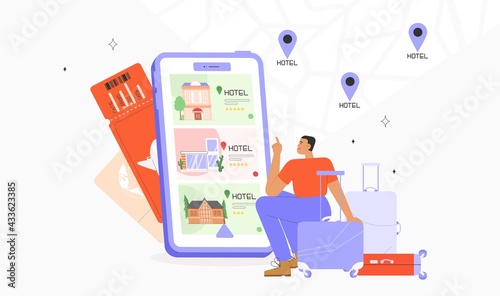 Concept of search or booking hotel. Male character uses a mobile application to make hotel reservations. On the phone screen different options for vacation homes or hostels. Renting, buying.