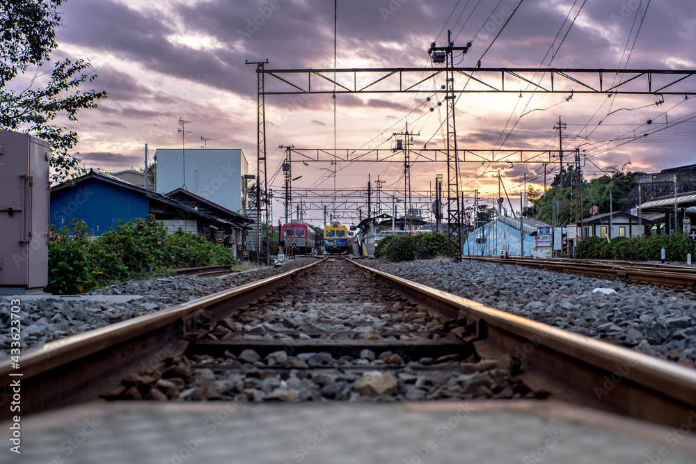 Sunset seen from the railroad tracks. Fantastic landscape. In Japan, it is called 