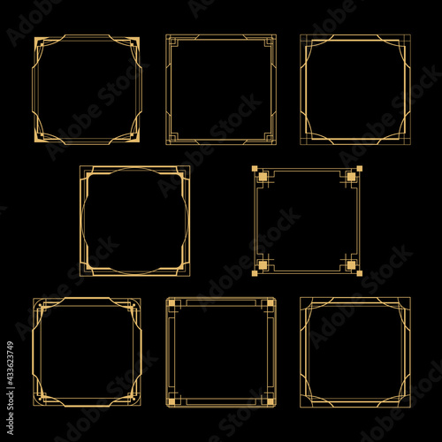 Gold art deco square borders and frames isolated collection. Vintage luxury ornament design elements set. Retro golden geometry line patterns decoration. Graphic artwork. Jpeg