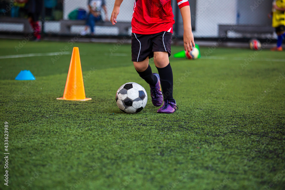 Soccer ball tactics on grass field with cone for training background Training children in Soccer Soccer ball tactics on grass field with cone for training background Training children in Soccer