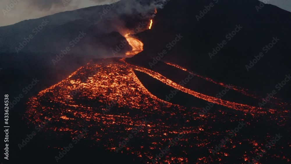 Lava rivers from Pacaya volcano eruption in Guatemala - Drone aerial