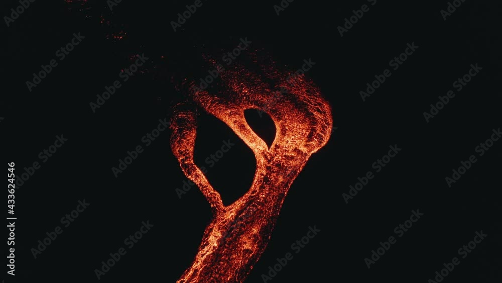 Drone aerial cenital angle of lava eruption from Pacaya volcano in Guatemala
