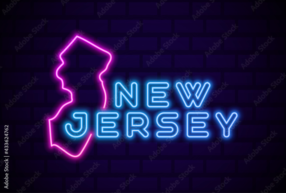 new jersey US state glowing neon lamp sign Realistic vector illustration Blue brick wall glow new jersey US state glowing neon lamp sign Realistic vector illustration Blue brick wall glow