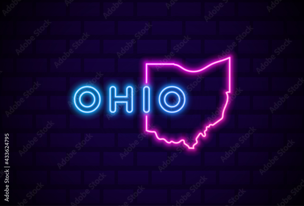 ohio US state glowing neon lamp sign Realistic vector illustration Blue brick wall glow - obrazy, fototapety, plakaty 