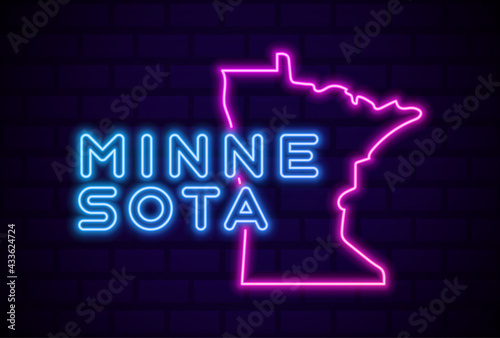 minnesota US state glowing neon lamp sign Realistic vector illustration Blue brick wall glow