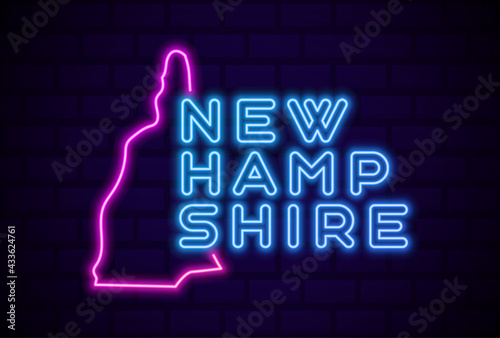 new hampshire US state glowing neon lamp sign Realistic vector illustration Blue brick wall glow