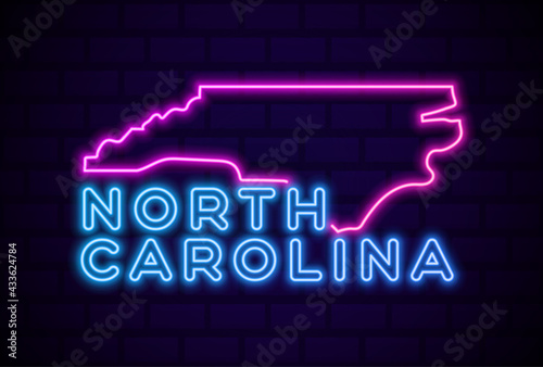 north carolina US state glowing neon lamp sign Realistic vector illustration Blue brick wall glow