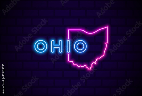 ohio US state glowing neon lamp sign Realistic vector illustration Blue brick wall glow