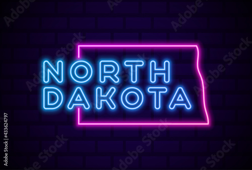 north dakota US state glowing neon lamp sign Realistic vector illustration Blue brick wall glow