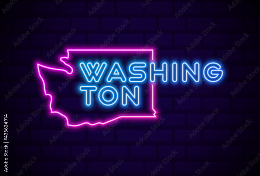 washington US state glowing neon lamp sign Realistic vector illustration Blue brick wall glow