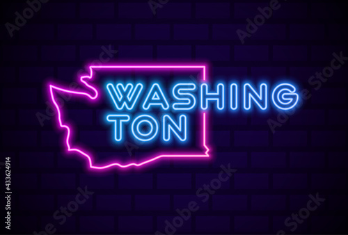 washington US state glowing neon lamp sign Realistic vector illustration Blue brick wall glow